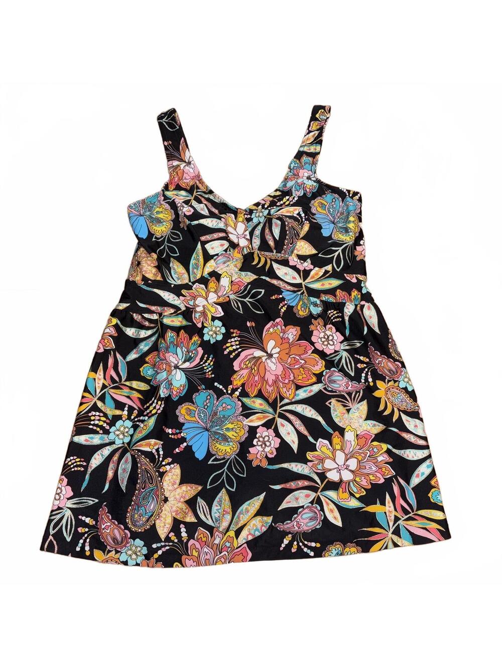 Maxine Black Floral Tankini Top Size 14 NWT Summer Tropical Swim Feminine